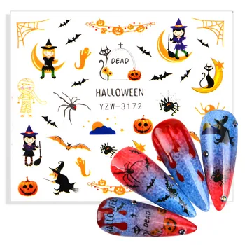1pc Vodeni Znak Noktiju Dizajn Naljepnica Halloween Bundeve Vještica Duh Pauk Crni šišmiš Mačka, Ljepljive Naljepnice Na Nokte Dekor Naljepnica