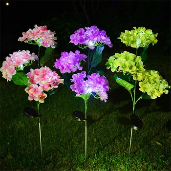 3 Glave Hortenzija ruža Zemljište Vilica Sunčeva Svjetlost Vrt Travnjak Vanjski Umjetni Cvijet Ukrasne LED Svjetiljke Vodootporan