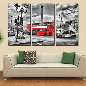 3 Ploče Platnu, Bez Okvira Platnu Plakat Crno-Bijeli i Crveni Autobus London Engleska Zidni Paneli za Dnevni boravak Kućni Dekor
