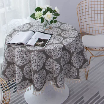 Europska moderan siva pamučna i lanena okrugli stolnjak visoke kvalitete s elegantnim кисточками za stolom, ukrasne hotel poklopac