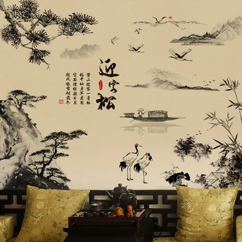 Kineski stil slikanja maskara krajolik naljepnice za zid pine brod, kućnog tekstila, PVC-vinil tapeta, Bambus planine naljepnice za zid