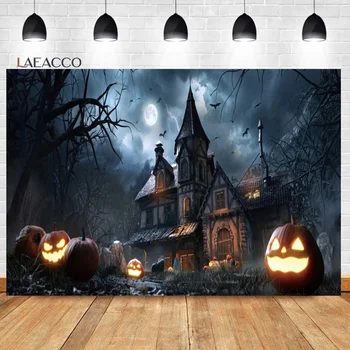 Laeacco Halloween Mjesečini Kuća Duhova Pozadina Za Fotografiranje Dvorac Bundeve Fenjer Groblju Dječji Trik ili Poslastice Pozadina