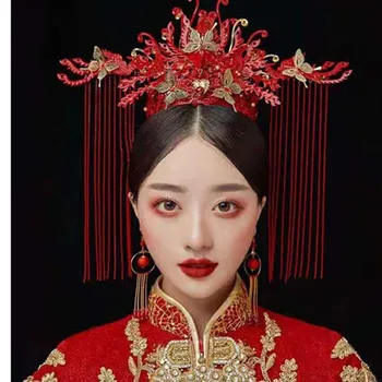 Mlada crvena Luksuzna Kineski Svadbeni vijenac Crown Klasična weeding Skup Заколок Kićankama Pribor Za Kosu