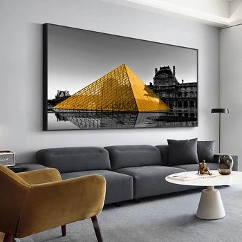 Nevjerojatna Zlatna Staklena Piramida muzeja Louvre u Crno-bijelih gradskih Plakatima Zidne Slike za Dnevni boravak, Spavaće Platnu Slikarstvo