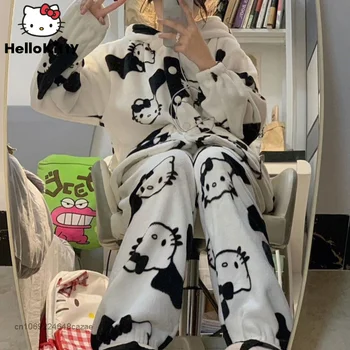 Sanrio Hello Kitty Nova Пижама Kawaii Mekani Plišani Majice S Kapuljačom Hlače Komplet od 2 predmeta Ženski Krzneni Пижама Odijelo Y2k Kućna Odjeća
