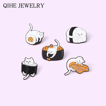 Sushi Mačka Emajlirane Igle Kawai je Japanska Broševi zbirka Torba Odjeća Pin s Lapels Ikonu Nakit Poklon za Prijatelje u rasutom stanju