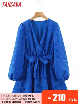 Tangada 2022 Modni Donje Plavo Haljina s Prorezom-svjetiljku i Dugih Rukava, Uredski Donje Mini haljinu SL111