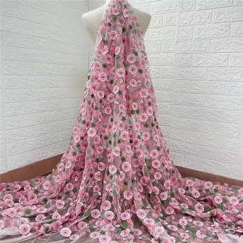 Visoka kvaliteta roza 3D cvjetni oblog nigerijski afričke tila s vezom haljina stranke večernja haljina čipka tkanina DIY šivanje tkanine