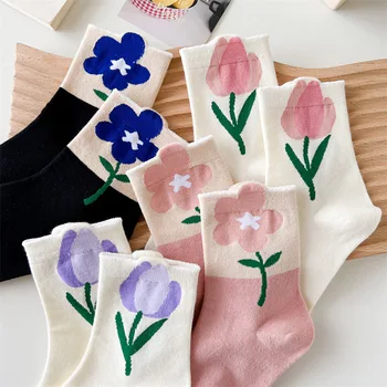 Ženske Pamučne Čarape Lijep Tulipani Golema Cvijeće Korejski Srednje Čarape-cijevi Prozračna japanski ins Nove Veliko