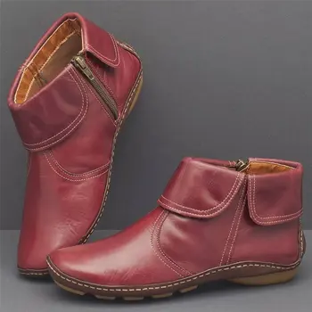 Ženske čizme od umjetne kože, ženske jesensko-zimske crveno Smeđe Berba ženske cipele u stilu punk, ženske cipele na ravne cipele, cipele sa strane munje