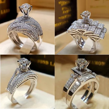 Ženski Crystal White Cijele Skup Prstenova Brand Luksuznih Obećanje Srebrna Boja Zaručnički Prsten Berba Vjenčanje Vjenčano Prstenje Za Žene